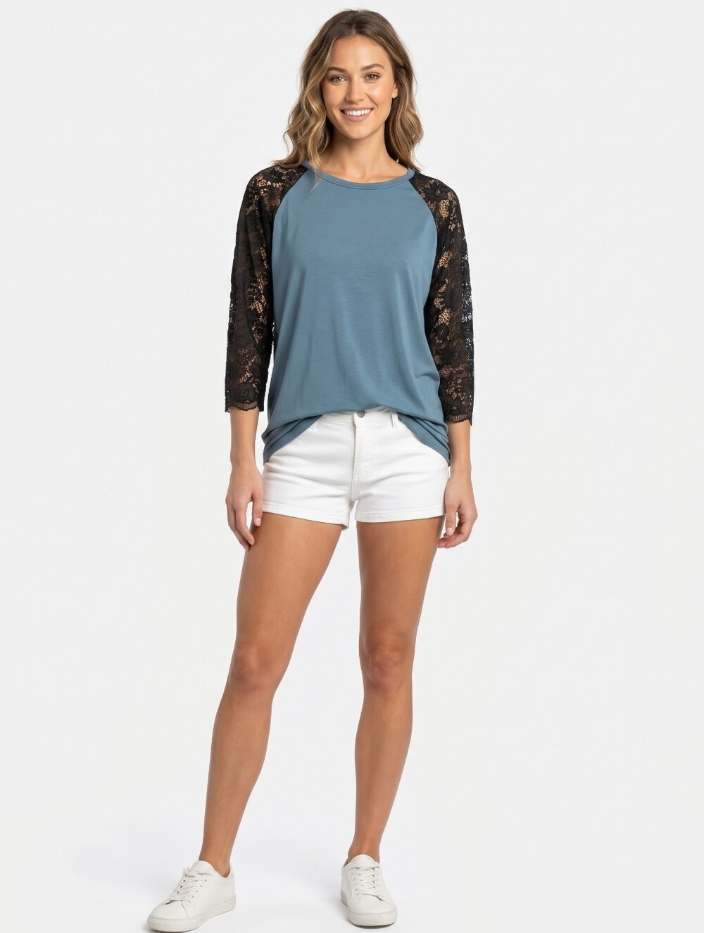 Blue Lace-Sleeve Raglan Top - Women Up To Size 3XL NWT - Picture 3 of 3